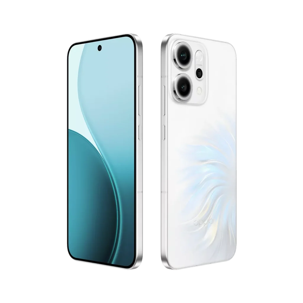 Oppo Reno 14 5G (8GB/256GB and 12GB/256GB) โ Ganesh Chaturthi Special Edition 6 Oppo Reno 14 5G Pearl White Front and Back view
