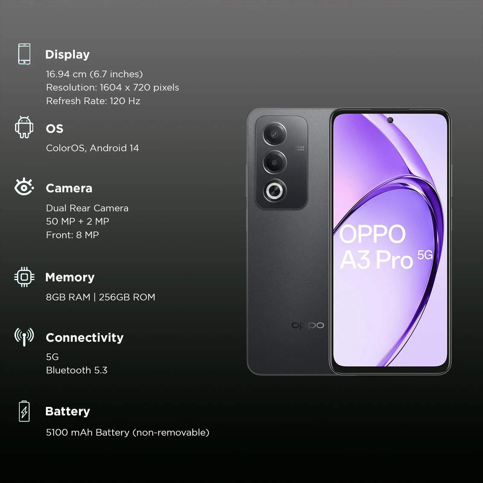 OPPO A3 Pro 5G (CPH2665) 8 OPPO A3 PRO 5G Starry Black Specifications