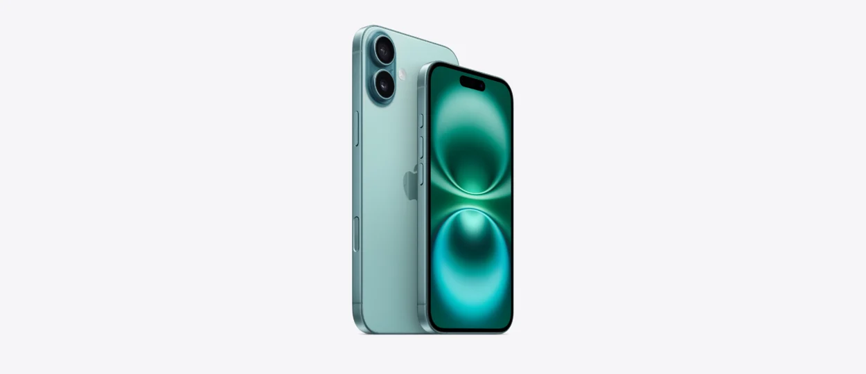Apple iPhone 16 model front and back view in Blue color – Super Retina XDR display, 48MP camera, USB‑C charging – product gallery image
