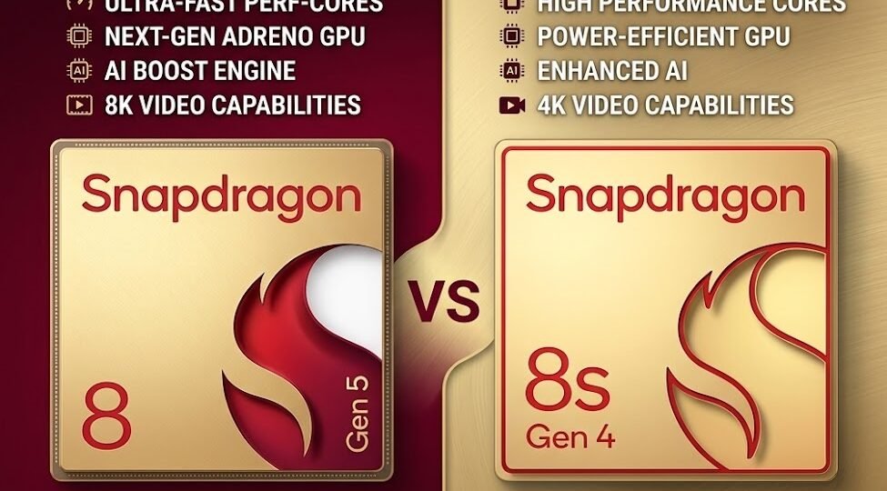 Snapdragon 8 Gen 5 vs. Snapdragon 8s Gen 4: An In-Depth Comparison of Next-Generation Mobile Performance(2026) 1 Comparison infographic of Qualcomm Snapdragon 8 Gen 5 vs Snapdragon 8s Gen 4 mobile platforms highlighting performance and efficiency differences.