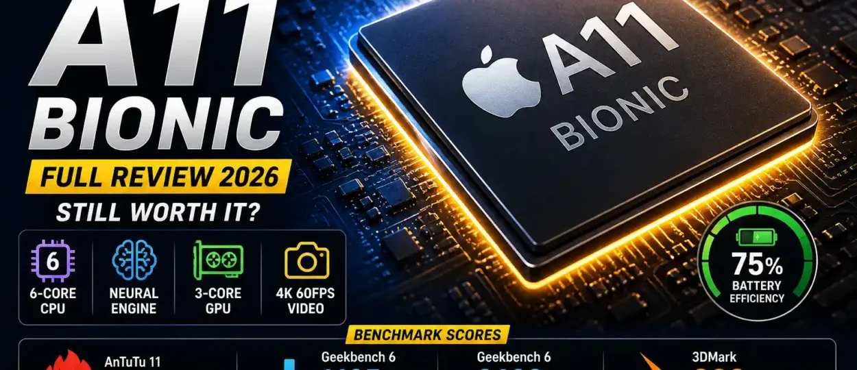 Apple A11 Bionic processor glowing on circuit board with CPU, GPU, Neural Engine, and benchmark highlights