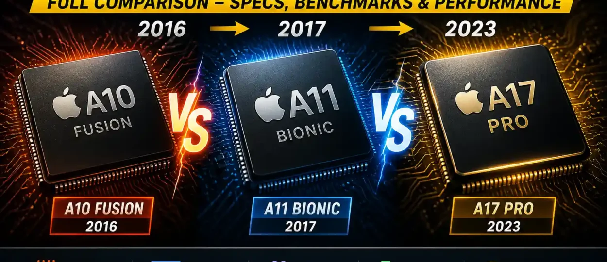 Visual comparison of Apple A10 Fusion, A11 Bionic, and A17 Pro chips with specs, benchmarks, and performance highlights