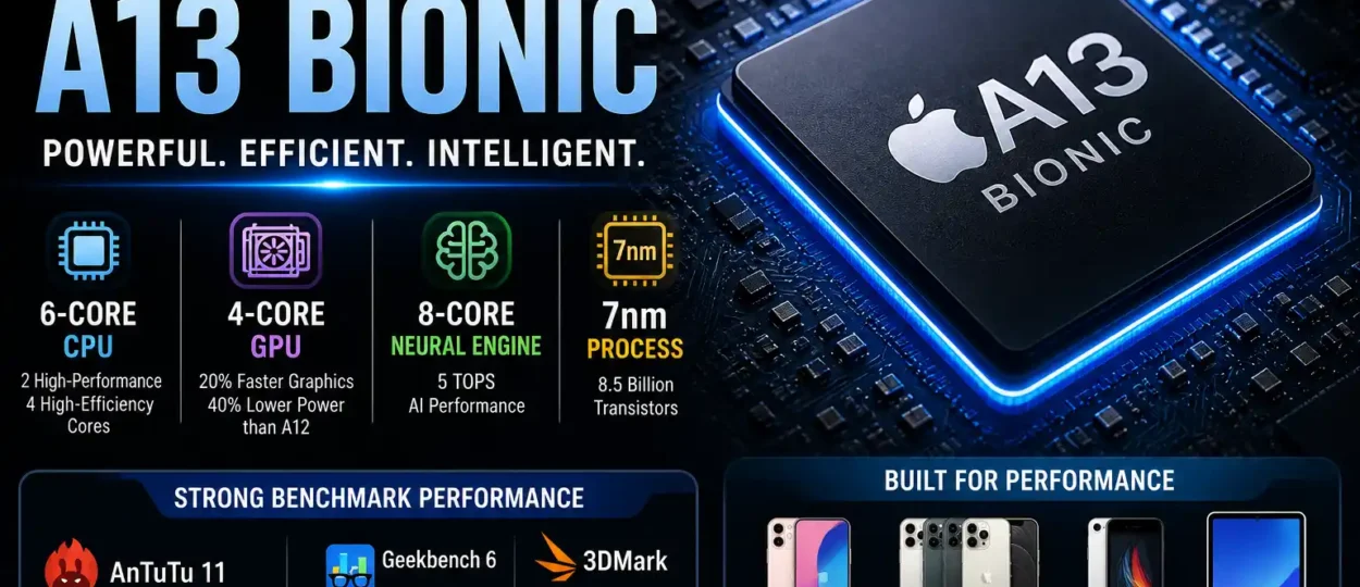 Apple A13 Bionic processor glowing on circuit board with CPU, GPU, Neural Engine, and benchmark highlights