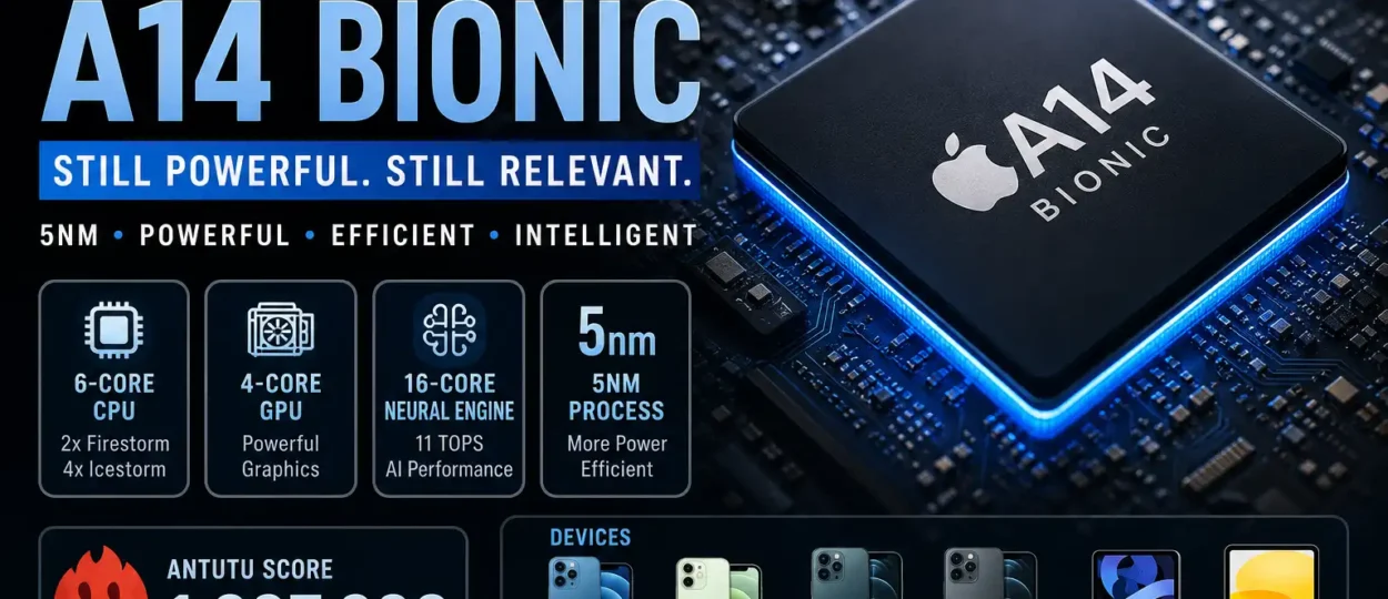 Apple A14 Bionic processor glowing on circuit board with CPU, GPU, Neural Engine, and efficiency highlights