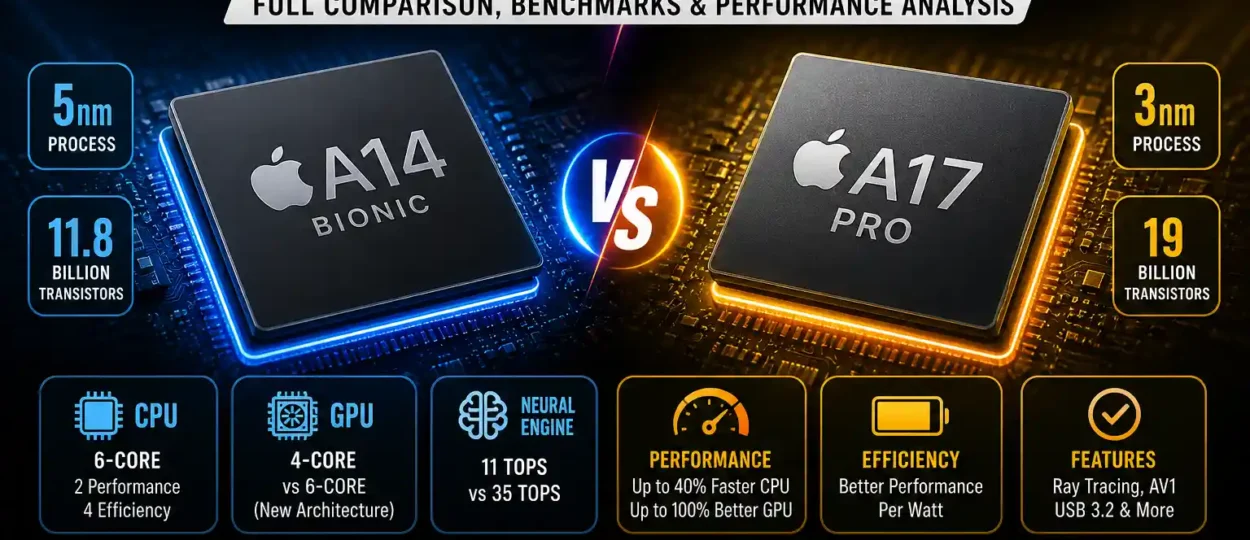 Side‑by‑side comparison of Apple A14 Bionic and A17 Pro processors highlighting specs, benchmarks, and performance differences