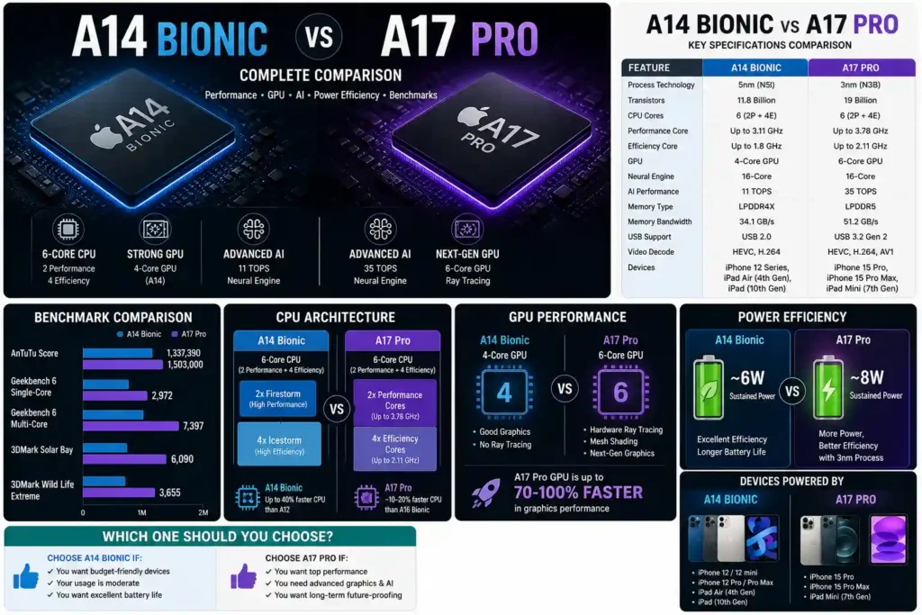 Side‑by‑side comparison chart of Apple A14 Bionic and A17 Pro processors showing specs, benchmarks, GPU, AI, and efficiency differences