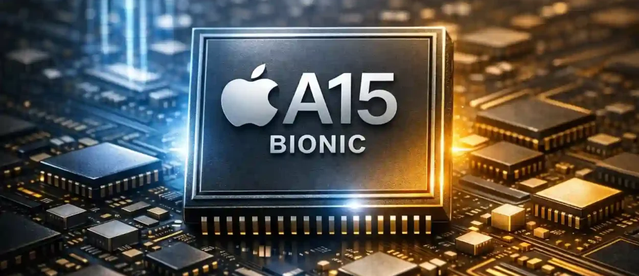 3D render of Apple A15 Bionic processor glowing on futuristic circuit board with Apple logo and silver text