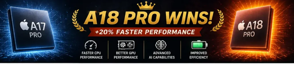 Apple A17 Pro and A18 Pro chip comparison showing A18 Pro’s 20% faster CPU, GPU, and AI performance