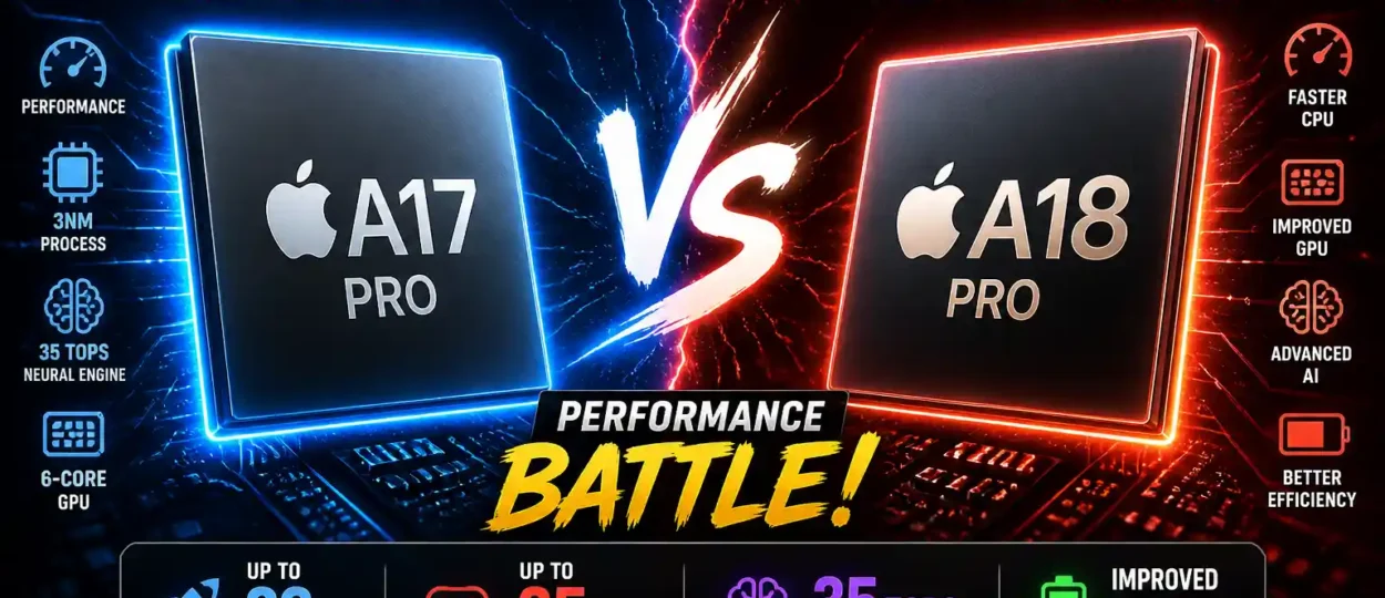 Apple A17 Pro vs A18 Pro chip comparison showing 20% faster performance improvement