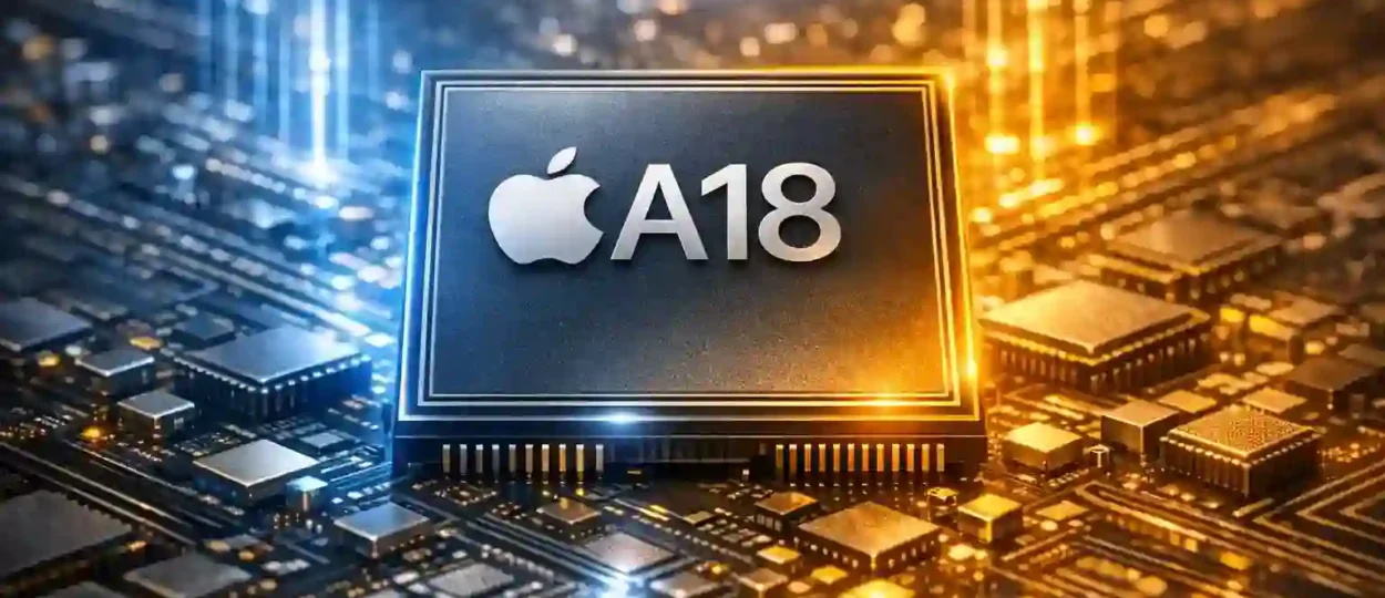 Apple A18 processor chip glowing on futuristic circuit board with blue and golden lighting effects