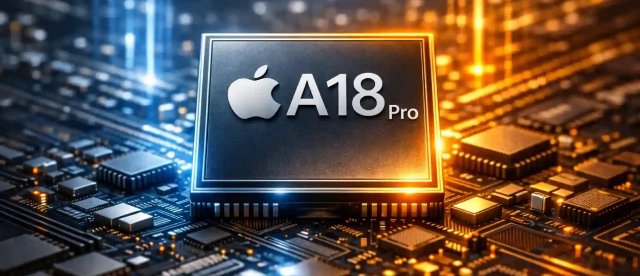 Apple A18 Pro processor chip on a futuristic circuit board with blue and gold lighting effects representing next‑generation technology