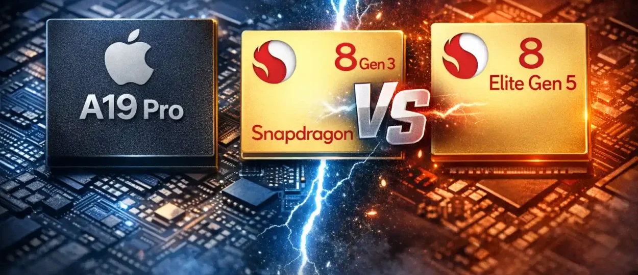 Apple A19 Pro vs Snapdragon 8 Gen 3 vs Elite Gen 5 – Flagship Processor Comparison (2026) 1 Comparison image showing Apple A19 Pro, Snapdragon 8 Gen 3, and Snapdragon 8 Elite Gen 5 processors with lightning “VS” effect