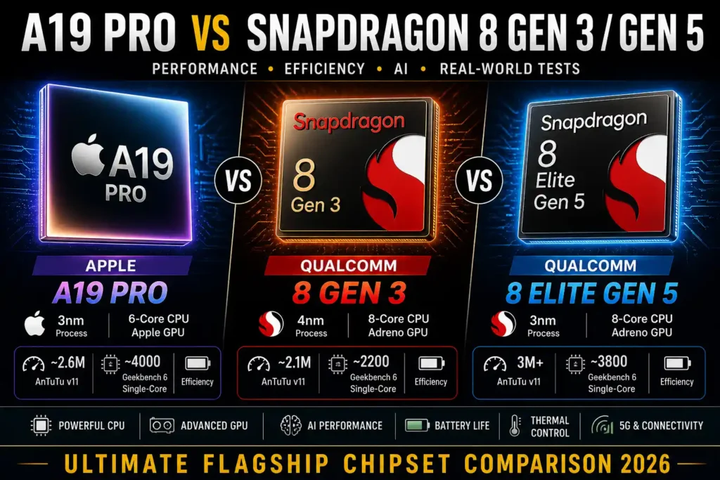 Apple A19 Pro vs Snapdragon 8 Gen 3 vs Elite Gen 5 – Flagship Processor Comparison (2026) 2 Comparison image showing Apple A19 Pro, Snapdragon 8 Gen 3, and Snapdragon 8 Elite Gen 5 processors with lightning “VS” effect