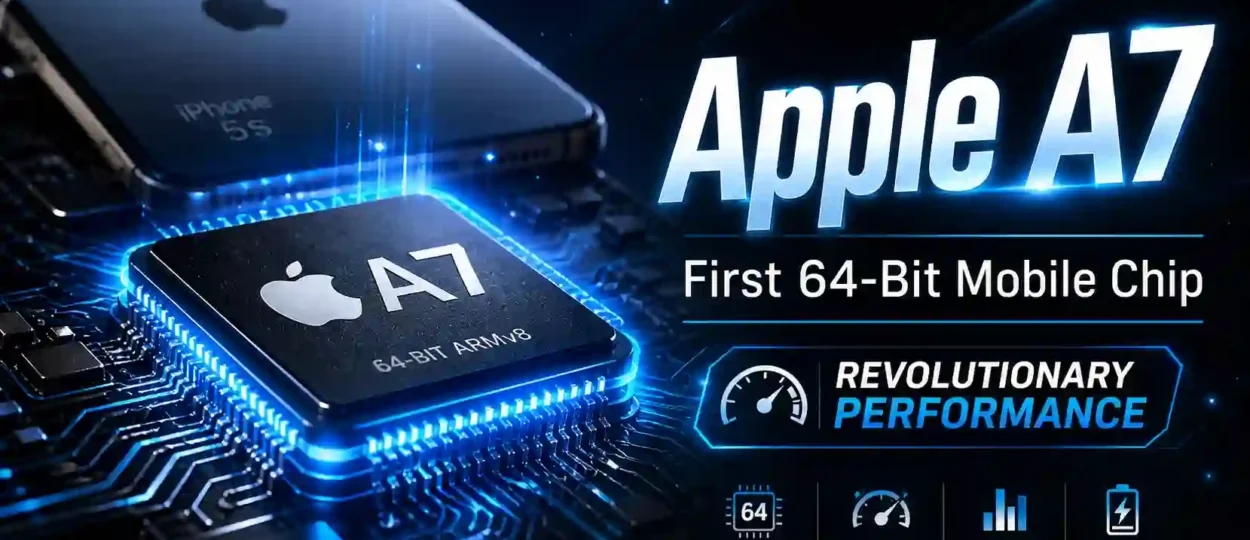 Apple A7 processor close‑up with glowing circuitry and iPhone 5S background