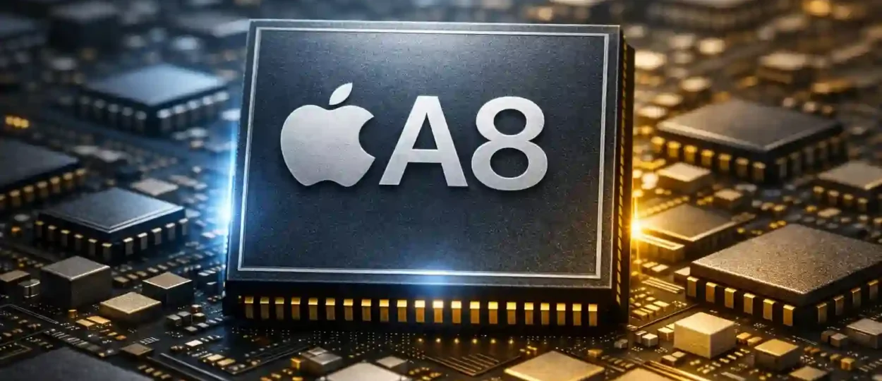 3D render of Apple A8 processor glowing on a futuristic circuit board with Apple logo and silver “A8” text