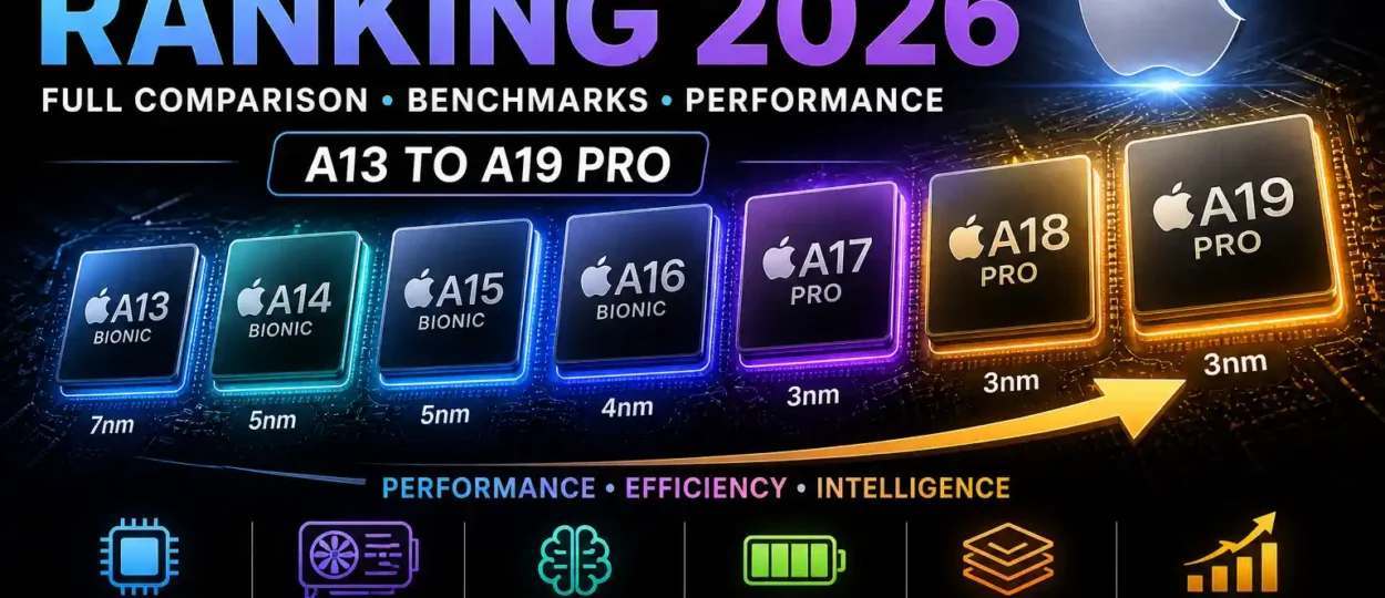 Apple chip ranking chart from A13 Bionic to A19 Pro showing CPU, GPU, AI, efficiency, and benchmark comparisons