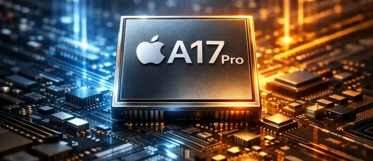 Close‑up of Apple A17 Pro chip mounted on a circuit board with blue and orange lighting effects representing advanced technology