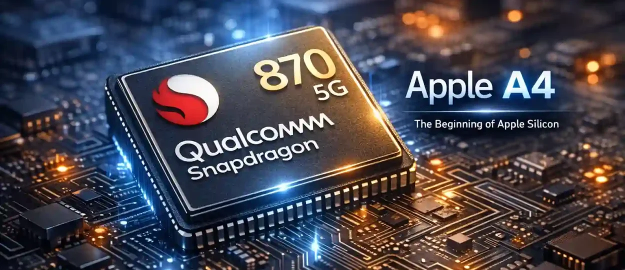 Close‑up of Qualcomm Snapdragon 870 5G chip glowing on a circuit board with blue and orange light accents