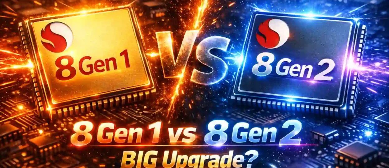 Futuristic comparison of Snapdragon 8 Gen 1 and Snapdragon 8 Gen 2 chips on a dark circuit board with glowing orange and blue light effects and “VS” text in the center