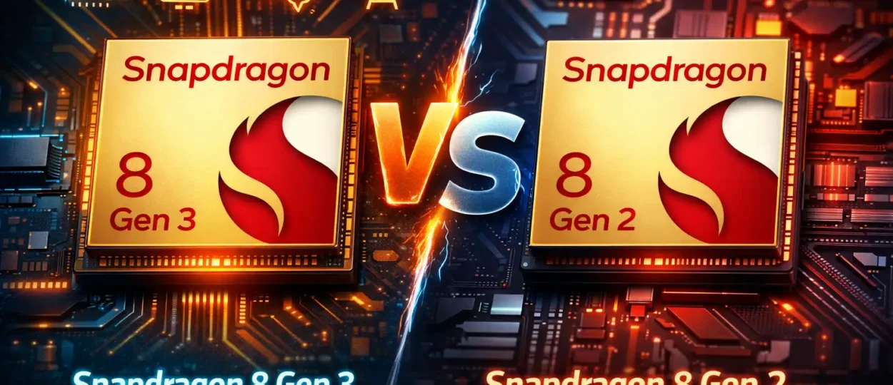 Snapdragon 8 Gen 2 vs Snapdragon 8 Gen 3 comparison image highlighting CPU, GPU, AI, and performance differences