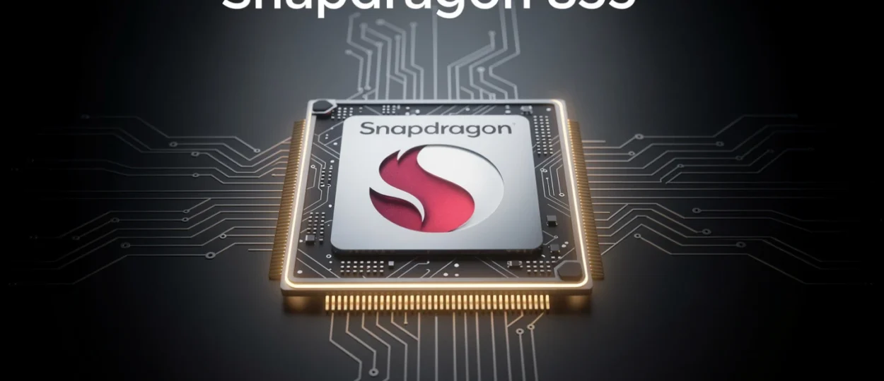 Qualcomm Snapdragon 855 chipset image highlighting CPU, GPU, AI, and performance features