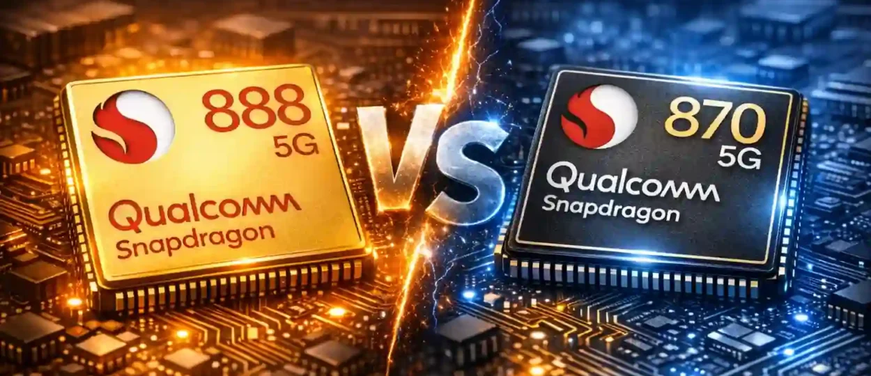 Snapdragon 888 vs Snapdragon 870 comparison graphic with glowing chips and electrified VS effect