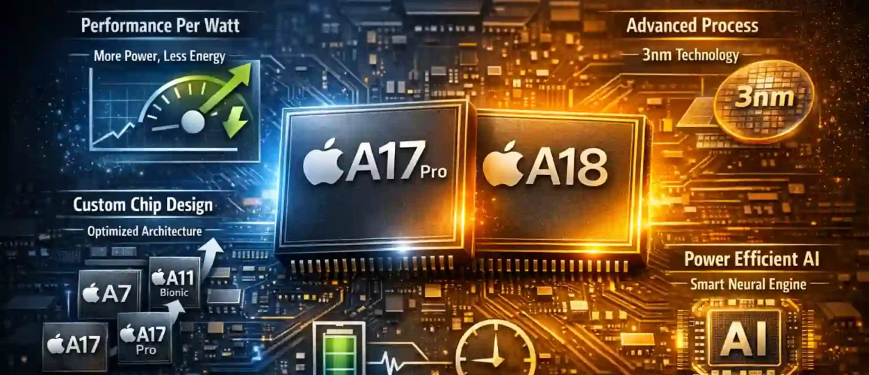 Infographic showing Apple A‑Series chips (A17 Pro and A18) with highlights like performance per watt, custom design, 3nm process, and Neural Engine optimization