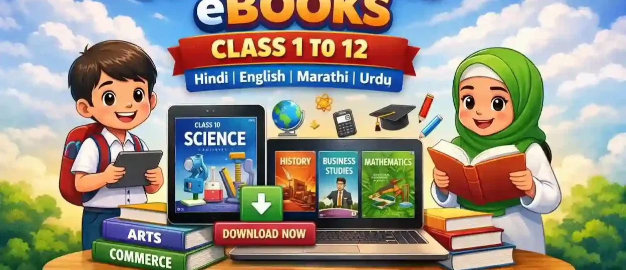 Illustration showing free NCERT eBooks for Classes 1 to 12 in Hindi, English, Marathi, and Urdu mediums, including Arts, Commerce, and Science streams.
